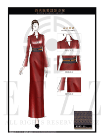大師手繪時(shí)尚酒紅色女款酒店民族特色制服設(shè)計(jì)圖179