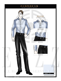 淺藍色男款餐飲西餐服務員制服設計圖1237