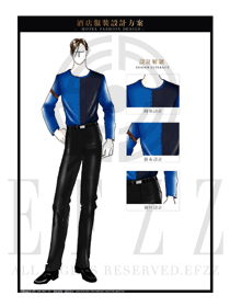 藍色長袖男款餐飲西餐服務員制服設計圖1239
