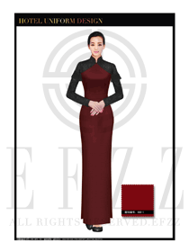 時(shí)尚棗紅色女款中餐迎賓服裝款式設(shè)計(jì)圖789