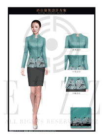 原創制服設計淺綠色女款中餐服務員服裝款式圖1966