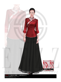 時尚紅色女款中餐服務員制服設計圖1451