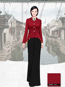 時(shí)尚棗紅色長(zhǎng)裙款西餐咨客服裝款式圖571