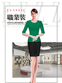 時(shí)尚綠色連衣裙款女職業(yè)裝夏裝制服設(shè)計(jì)圖755
