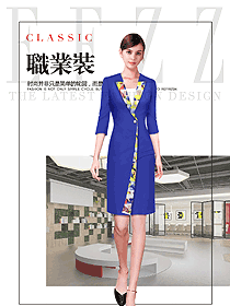 時尚藍色連衣裙款女職業裝夏裝制服設計圖762
