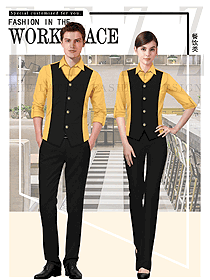 原創制服設計黃色男女款西餐服務員服裝款式圖1320