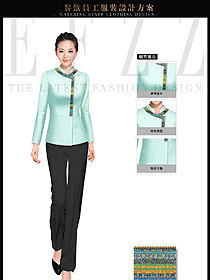 青綠色時尚中餐廳女服務員服裝款式圖1731