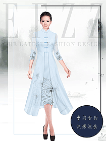 淺藍(lán)色中式茶藝師女款制服款式設(shè)計(jì)圖2024