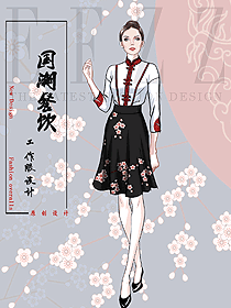 時尚酒店櫻花節中式風服務員制服設計圖