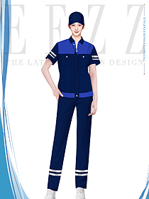 藏藍(lán)色廠區(qū)反光條工程服裝女款夏裝