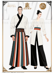 度假酒店前廳男女領班工裝設計圖，打造雙款適配的優雅服務形象